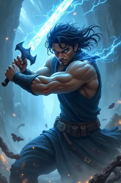  a man， black hair blue eyes ， wield an energized sword，Cut the world 