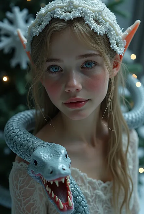 🌒


 🐍

 Realistic photo With a Christmas tree decorated for the holiday  ((( in the background, a beautiful elf girl and 

icy hyper clear sculpture made of clear ice and snow in the form of an anthropomorphic vampire snake))) with her mouth open and two ...