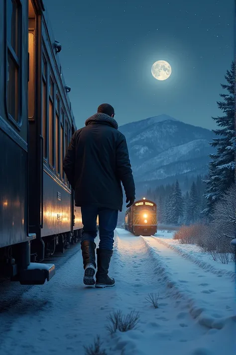 With a deep breath, John stepped off the train and into the crisp Montana night, the snow crunching beneath his boots