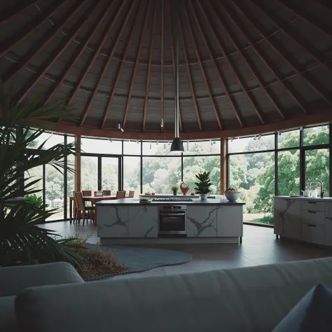 Interior view of a beautiful open kitchen in a circular house.