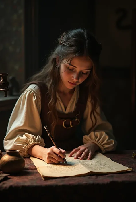  masterpiece , medieval room at night ,  girl in medieval light clothes writes a letter on a sheet of parchment, 16k,  ultra high resolution, Photorealism, UHD, RAW, dslr,  dark gothic atmosphere ,  Caravaggio style .