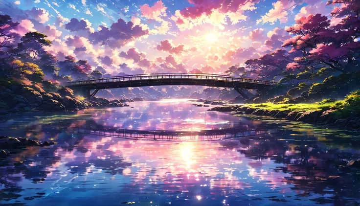 a bridge, water, extraordinary sky, ross train. scenic background, by sylvain sarrailh, anime nature wallpaper, Light, Shadow, mysterious, beautiful, Contrast, dynamic, nature,beautiful Anime Scenery, Landscape painting, Beautiful digital painting, Andreas...