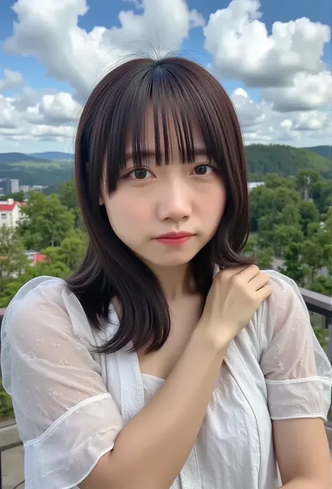 ( top quality、  masterpieces during breakfast 、8k、 Max Image、 hyperrealism、 Award-winning works )、(nose:1.2)、(White short-sleeved shirt with elegant lace and frills:1.2)、 Big Breasts 、(Beautiful and elegant park background:1.4)、(Beautiful sunny sky:1.1)、(B...