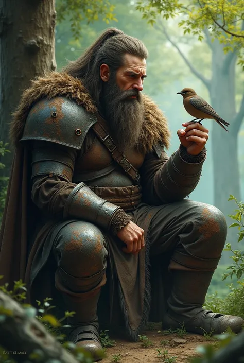 A deep, tall, strong, muscular, sad, terrible, tragic, full-bearded, long-haired, dirty, injured, wild berserker wearing a wild bear cloak and heavy, rusty iron armor, sitting alone and pensive under a tree in a beautiful forest and a little sparrow sits o...