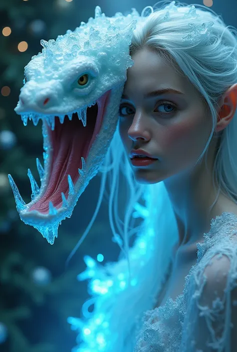 🌒


 🐍

 Realistic photo With a Christmas tree decorated for the holiday  ((( in the background, a beautiful elf girl and 

icy hyper clear sculpture made of clear ice and snow in the form of an anthropomorphic vampire snake))) with her mouth open and two ...