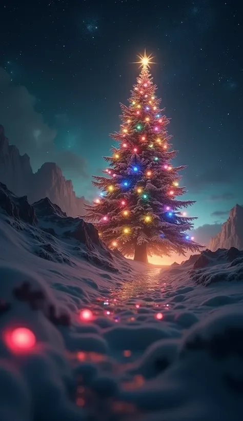 Made by AIS-RCN, 8K Photo, "words,  giant Christmas tree decorated for Christmas 、Jump out of a mirage 、  tree that rises in the night sky 、クリスマスに飾られた、 background is GALAXY 、The cosmic aXis 、    Artistic Shots    、   tree LED lights that shine in 7 colors ...