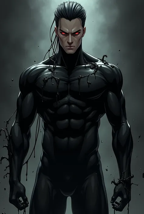 2D style．Hiroakas Hawks. anime handsome．High image quality. Muscular, Handsome man in a tight black latex suit handsome.asia handsome．black hair．red eye．King of Darkness．hair slicked back.short hair．The background is black, black．black．black．A black liquid...