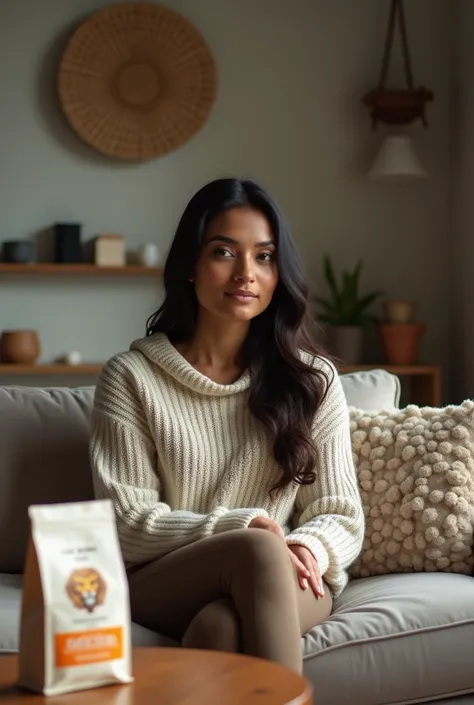 "A serene Indian woman around 30 years old, wearing a comfortable sweater and leggings, sitting on a sleek couch in a modern living room. the coffee Lions Mane Mushroom Coffee pouch ,on the coffee table."

