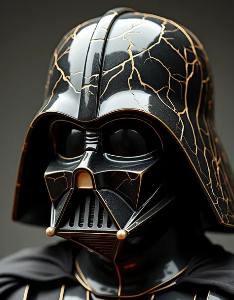 Restoration of Darth Vaders destroyed helmet by kintsugi (gold-plated joints)