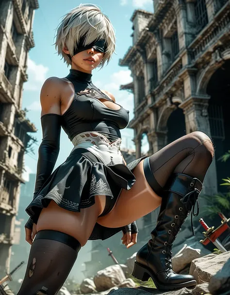 1woman, (2B),(Nier Automata 2B), pale skin, white hair, blindfold over eyes, (ultra-detailed face), accurate face, ((black) tomboy style skirt:1.32), silver detailing on skirt, ((open-sided) leotard:1.39), sleeveless, black over-elbow gloves, opaque pantyh...