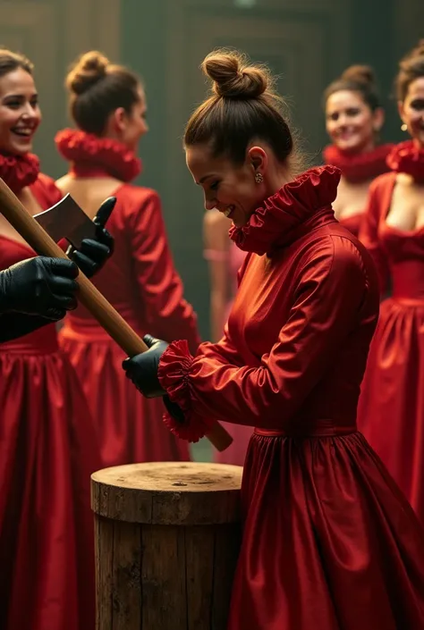 (realistic photograph sideways close up), (a smiling beautiful Caucasian lady with (messy hair bun), she is down on the floor and wearing a (excessive shiny red silk gown with (long gigantic puff sleeves), (and with an ultra high tight stand-up collar up t...