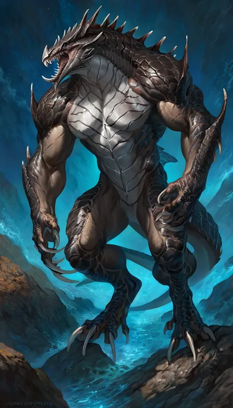 Muscular monster shark, solo, body made of steel, strong, metallic scales, eldrich horror, transparent torso with bones, scars on body, 1male solo,feral, muscular, small waist, thick tail, thick scales on the shoulders, marked detailed jaws, open jaws big ...