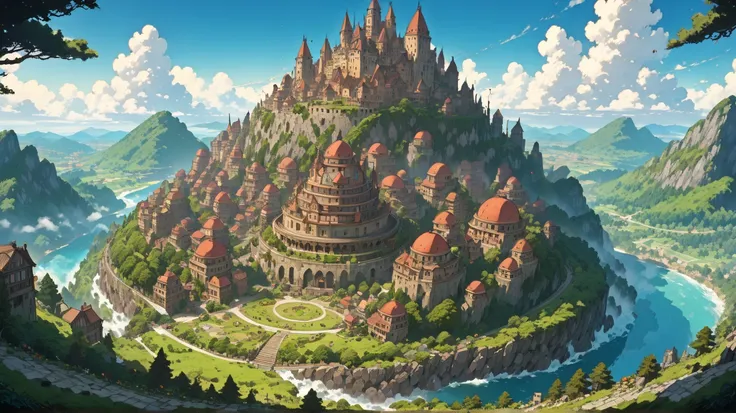 (masterpiece, super detailed, top quality, clear focus, dramatic scenes, cinematic), (super high resolution, 8K), (cartoon style illustrations reminiscent of Hayao Miyazaki, Japanese 2D animation: 1.3), perfect landscape, perfect overhead distant view, per...