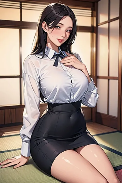 (( top quality)), ((  masterpieces during breakfast )), (  Details), perfect anatomy ,  one 24 year old girl on a big city street , Side view of a girl,Turn your face to the audience to the audience,Big Breasts,Sexy office lady,White collared shirt,tight s...