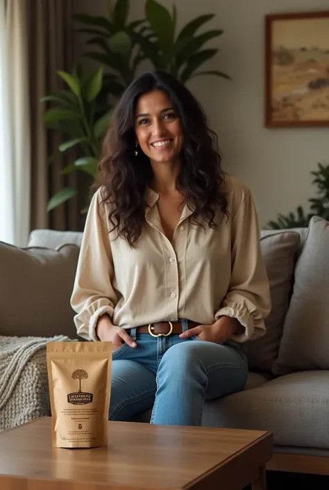 "A stylish Indian woman in her mid-30s, wearing a casual blouse and jeans, in the living room on a coffee table. Lions Mane Mushroom Coffee pouch on the counter. The background shows cozy living room


