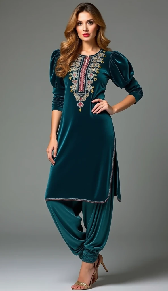 a tall and striking woman with golden-brown wavy hair, exuding confidence and charm. She wears a stunning Punjabi-style outfit, featuring a slim-fit kurti made from teal blue velvet. The kurti has intricate multicolor handwork on the yoke, adding an artist...