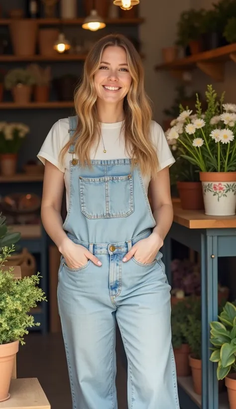 A 41-year-old woman at a flower shop, wearing a casual but covered outfit.