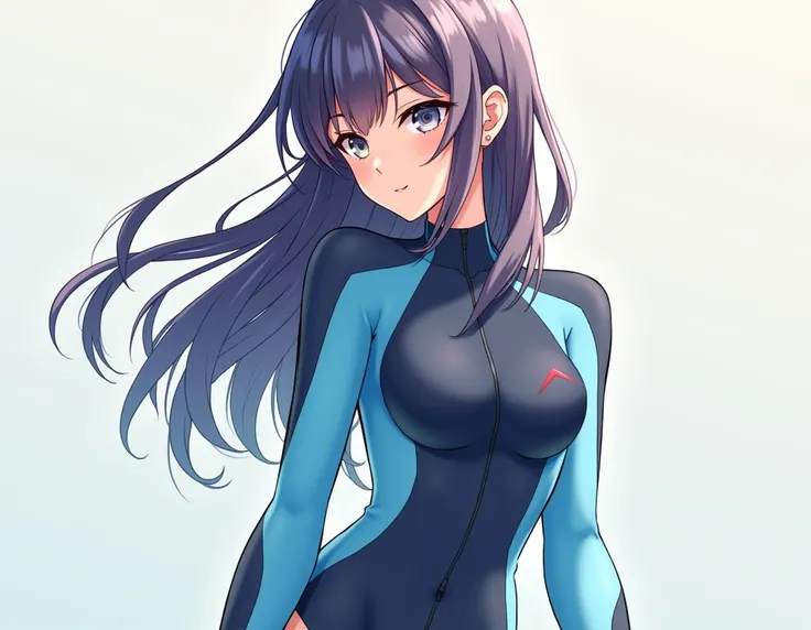 A hot beautiful cartoon girl with left side bangs with a blue and navy blue long sleeved wetsuit