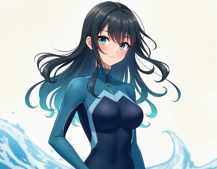 A hot beautiful cartoon girl with left side bangs with a blue and navy blue long sleeved wetsuit