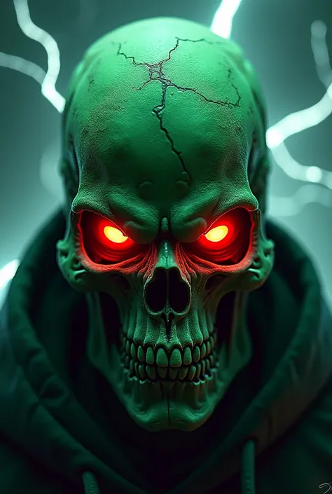 Make a skull gamer. Main colors are green and black. With red glowing eyes. white thunder in the background. Looking straight