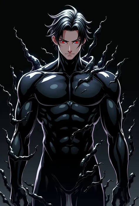 like an anime．The pupils are red. anime style．2D style．Hiroakas Hawks. anime ．High image quality. Muscular, Handsome man in a tight black latex suit handsome.asia handsome．black hair．red eye．King of Darkness．hair slicked back．The background is black, ．A bl...