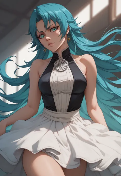 Anghalhad (Four Knights of the Apocalypse) with very long wavy light cyan hair and large turquoise eyes. Light pale skin. Loli. Short dark blue sleeveless dress. (Bleach art style)