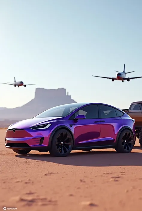 Make a photo of tesla model x in a purple colour in with aircraft nearby with a toyota tacoma height lifted sand colour more realistic 