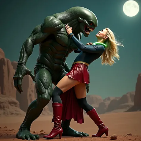 Melissa Benoist as Supergirl, face of Melissa Benoist, very bright white skin, Supergirl is fighting and defeating by a huge body fierce Alien Monster, It is standing in front of her, the Alien Monster seize her body tightly, can see whole body, Supergirl ...