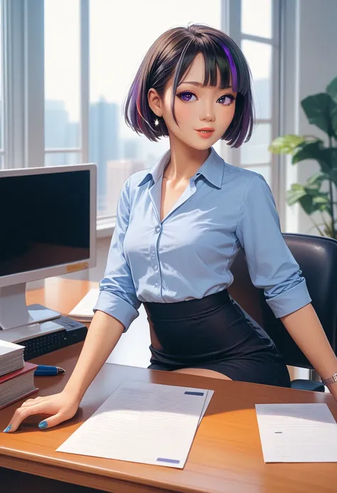 score_9, score_8_up, score_7_up, asian woman, muse_beautiful, small and petite, short hair, sitting over desk office desk, dark office_twilight, gemma chan
