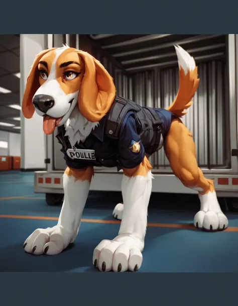 Score_9, Score_8_up, Score_7_up, Score_6_up, Score_5_up, Score_4_up,  a adult, saddleback tan and white scent hound, anthropomorphic furry, wearing a black  police vest, airport cargo room, walking on all fours, crouching, white snout, humanized  body, hum...