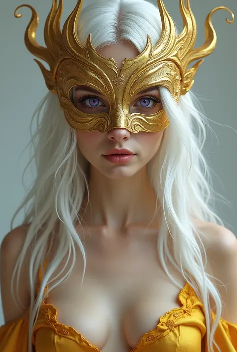  A woman with long hair , white in color,  she has purple eyes ,  wears a mask , She wears a gold dress with a neckline up to the navel, Realistic Art