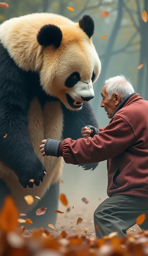  attacking a Japanese 80-year-old grandpa fighting face to face with an angry giant 2-meter-long panda　 Grandpa wins battles by punching and kicking a giant 2-meter-long panda 　 high definition ,  top quality,  can cover high detail ,  very detailed ,  rea...