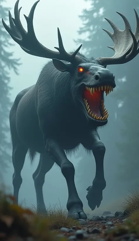 "A terrifying hybrid creature, combining the massive, towering frame of a moose with the vicious, razor-sharp fang teeth of a fangtooth fish. This beast prowls the dense, mist-covered forests, its hulking body moving with an unsettling grace. The moose’s a...