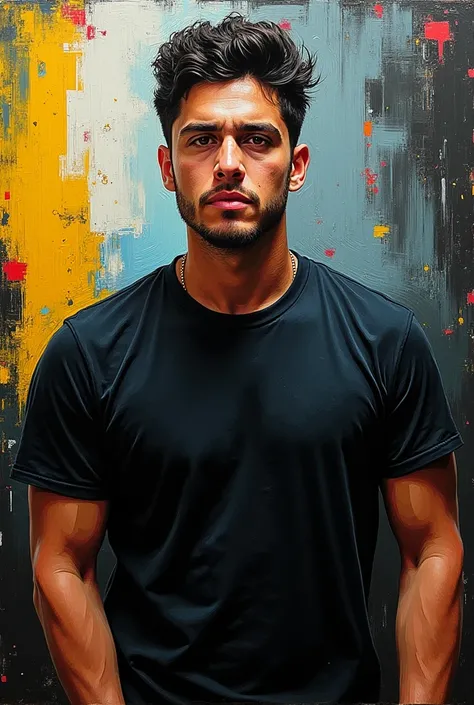 " a masterpiece Abstract expressionist painting in a colorful plain black canvas depicts the blur of a man with short black hair and wearing a black t-shirt The painting consists of a mixture of bright colors such as yellow, red, blue, and green, creates d...