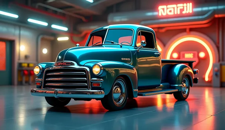 Generate a same image of GMC vintage pickup background same yehi futuristic ho attractive shiney image bnaa do