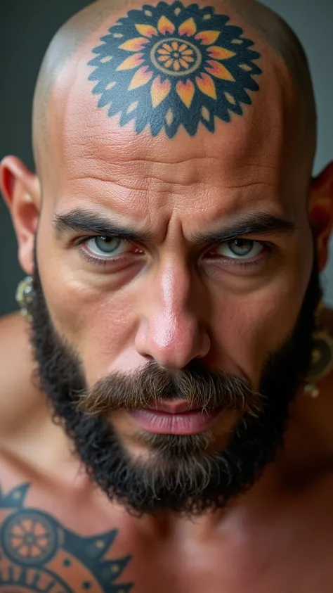 A close-up portrait of a bulky, muscular middle-aged man with a square jaw. He is bald and hairless. Colourful mandala tattooes are fully cover his head, radiating soft, ethereal light. The man wears ethnic titanium earrings and a matching nose ring, intri...