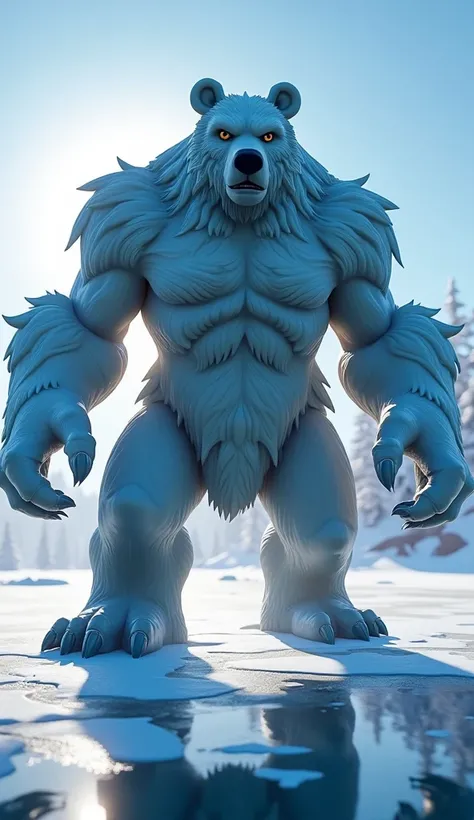 "A monstrous humanoid hybrid of a Fortnite character and a bear, towering over the frozen lake, a hulking figure with bear-like claws, frosty fur, and icy armor, sunlight reflecting off the ice, cinematic lighting, ultra-realistic textures, high definition...