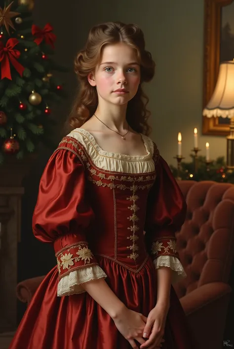 Victorian Christmas portrait, teenage girl, light brown hair, 14, lora, full body