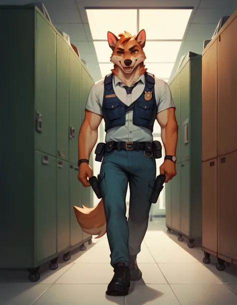 Score_9, Score_8_up, Score_7_up, Score_6_up, Score_5_up, Score_4_up, a very long haired German wearing a police dog vest, anthro, furry, sniffling boxes in the airport cargo room, walking on the conveyor belt.