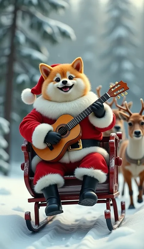 Santa Claus, a cute Shiba Inu with big anthropomorphic eyes ,  reindeer ,  They are happily playing flamenco guitar on a sleigh pulled by ,   reindeerが引っ張るそりに乗って楽しそうにキーボードを弾いている , 8k,  hyperrealism,   masterpieces during breakfast 