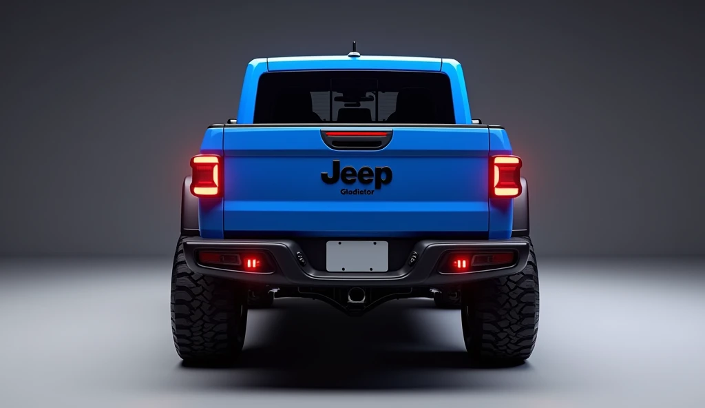 Create straight  back     view of a modern 2025 Jeep Gladiator in blue  color in Lexury Bright showroom background captured from straight back   view in sports look and overall 3d render and reflecting lights on car body and write Gladiator  on back       ...