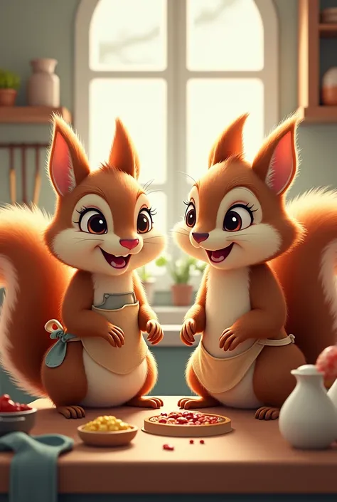 Two squirrels are cooking in aprons