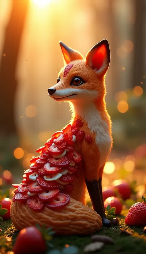 "This image depicts a whimsical and fantastical hybrid creature resembling a fox, its entire body composed of intricately detailed strawberry tart elements. The foxs elegant form is crafted from layers of golden, flaky pastry, bright red strawberries, and ...