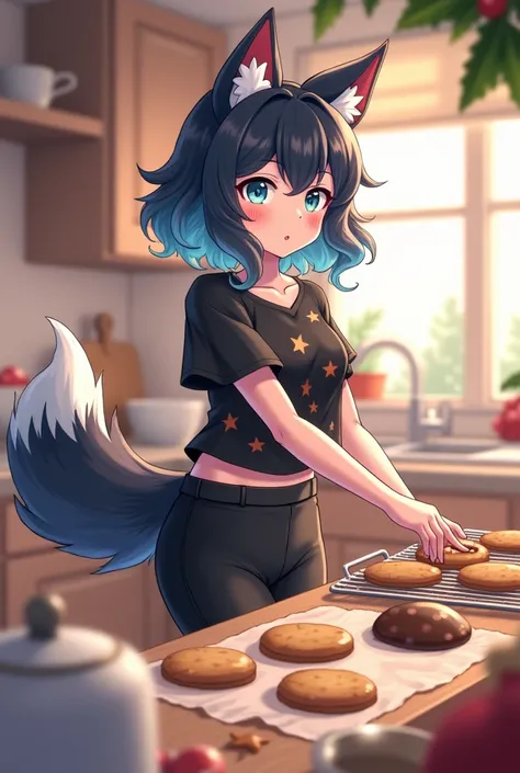 Make a wolf with her wolfs tail curly black and blue hair light blue eyes blue sneakers black pants and blouse with stars shes making cookies for Christmas anime version 