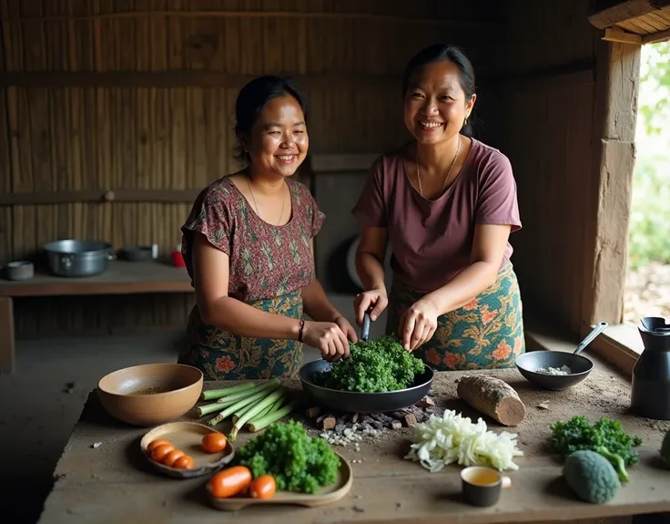  creates an aesthetic image . Seorang perempuan Indonesia berusia 29 tahun mengenakan kebaya tradisional Jawa kasual dari tahun 90-an,  patterned jarik . The woman was sitting while sautéing kale. Seorang perempuan Indonesia berusia 31 tahun mengenakan keb...