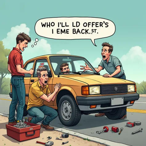 create A humorous meme image featuring a broken-down car men