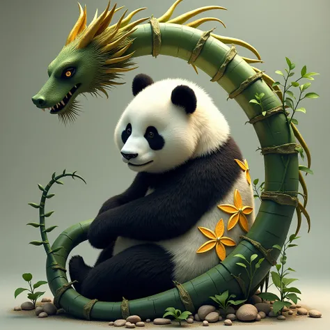 Panda of Harmony (China) hybrid 

A giant panda with its fur pattern resembling the Chinese flag: a golden five-star pattern on its side.

It’s sitting peacefully under a bamboo tree shaped like a dragon.