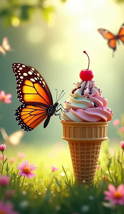 "Create a whimsical digital artwork titled Butterfly and Waffle Cone Fusion. The scene features a vibrant butterfly interacting with a delicious waffle cone in a sunlit garden setting.

Left Side (Butterfly): A delicate, lifelike butterfly with large, intr...