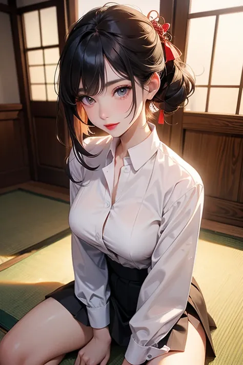 (( top quality)), ((  masterpieces during breakfast )), (  Details), perfect anatomy , 1 24 year old Japanese girl, Side view of a girl,Turn your face to the audience to the audience,Big Breasts,Sexy office lady,White collared shirt,tight skirt with black ...