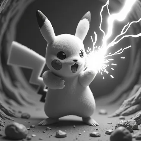 image de pikachu en train de faire une attaque éclair avec un effet bas relief en noir et blanc